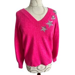 Loft Women’s Hot Pink V-neck Sequin Stars Sweater Small